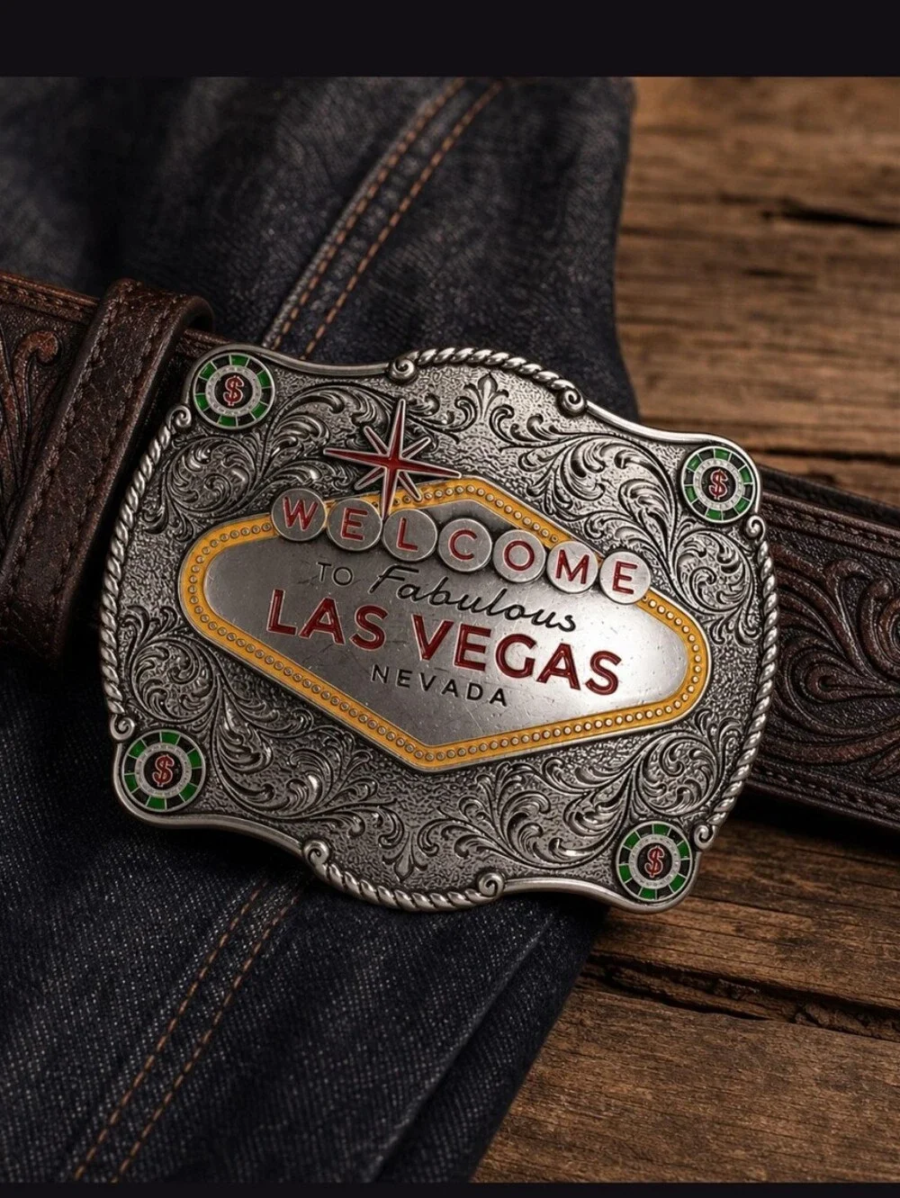 New Western Welcome to Fabulous Las Vegas Casino In Silver Or Gold Belt Buckle